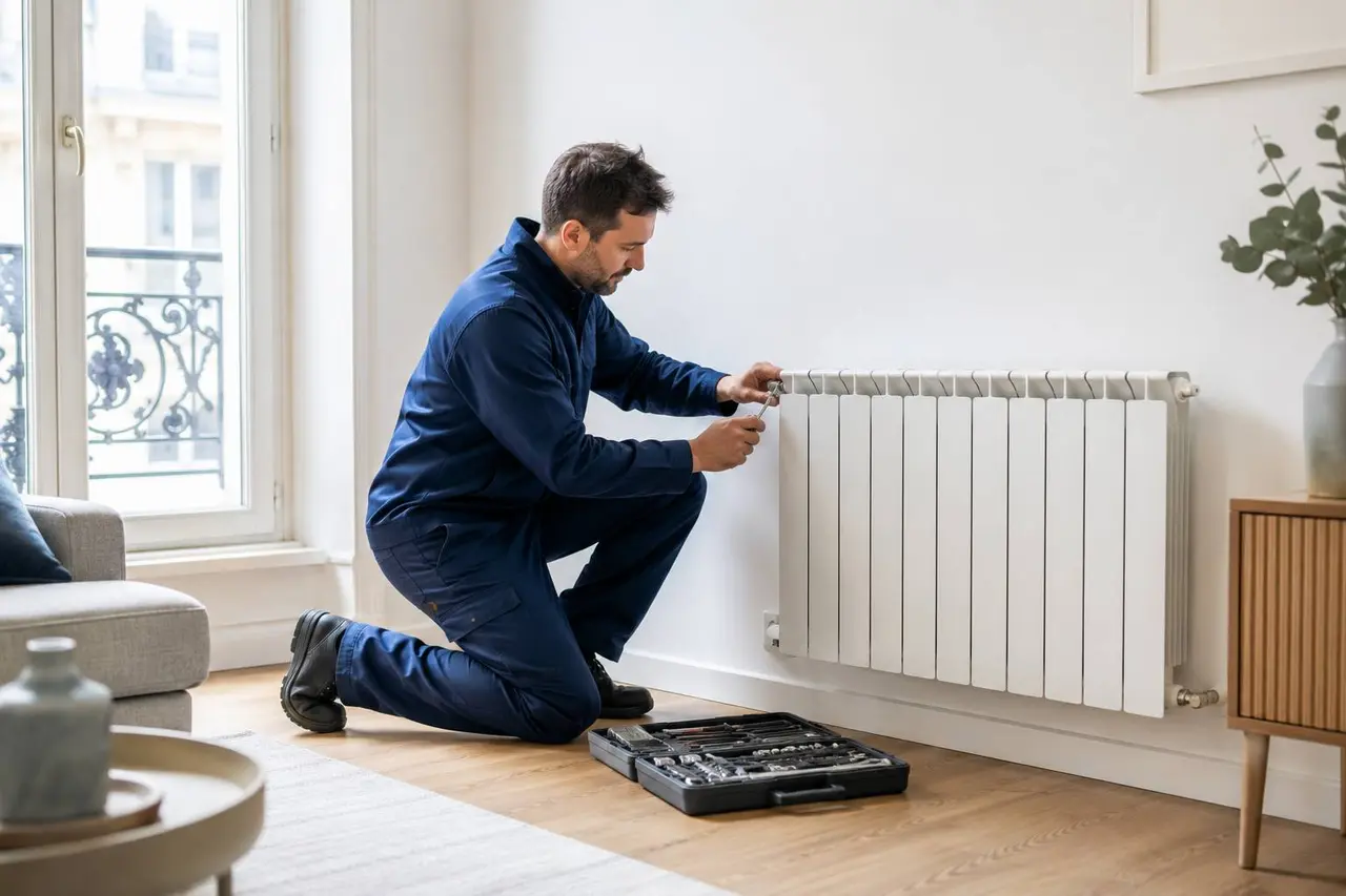 Professionnel équipé pour une intervention de chauffage