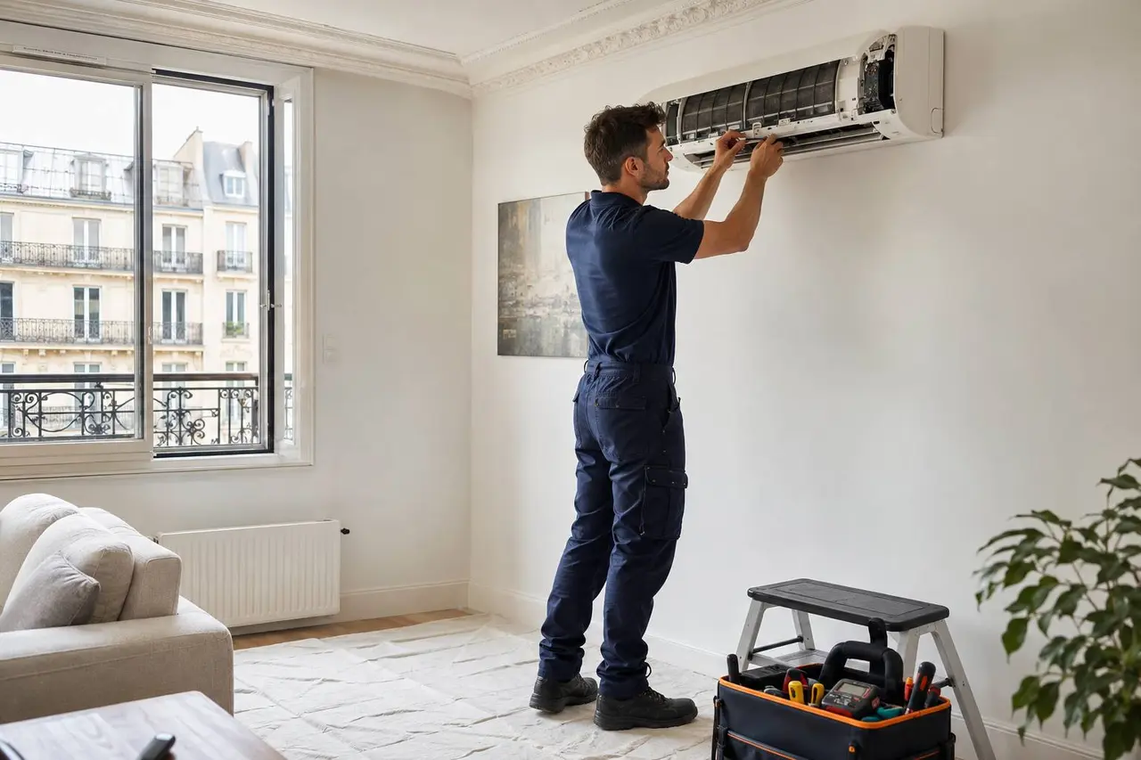 Professionnel équipé pour une intervention de climatisation