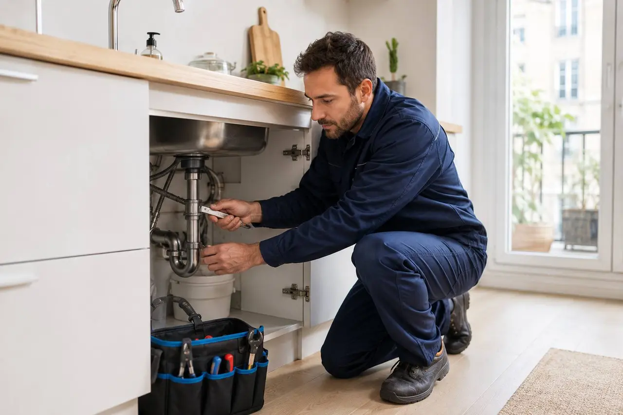 Professionnel contrôlant une installation de plomberie dans un logement